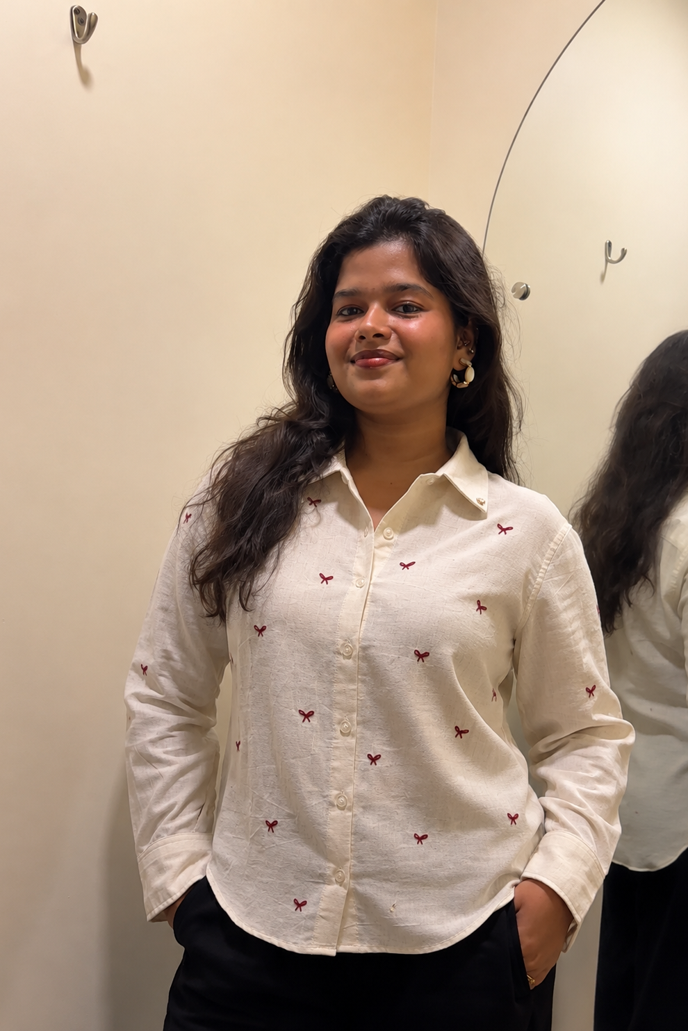 Beige Bow (Hand Embroidered Shirt )