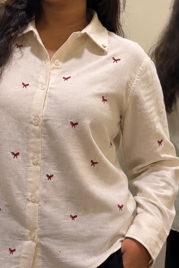 Beige Bow (Hand Embroidered Shirt )